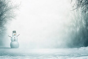Snowman stands alone in a misty fog on a cold winter morning, surrounded by a quiet landscape