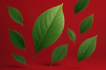 Fototapeta premium Elegant Foliage Display: A vibrant display of green leaves against a rich red backdrop, capturing the delicate beauty of nature and evoke a sense of freshness and harmony.