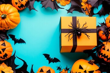 Create your festive Halloween messages with this vibrant holiday card design featuring themed decorations