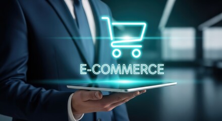 Businessman in formal attire holding tablet displaying glowing e-commerce shopping cart symbol, representing online shopping and digital retail solutions in a modern workspace