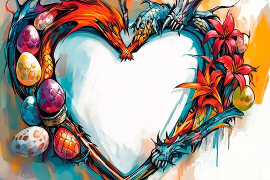 Multicolor heart-shaped frame featuring a mythical dragon and vibrant eggs in a magical garden setting