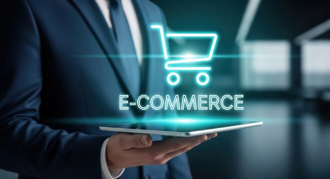 Businessman in formal attire holding tablet displaying glowing e-commerce shopping cart symbol, representing online shopping and digital retail solutions in a modern workspace