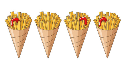 Four portions of cartoon french fries in paper cones with ketchup
