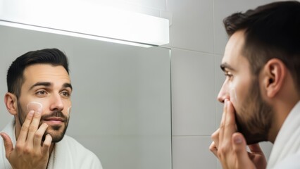 Young caucasian male applying skincare cream in bathroom mirror reflection