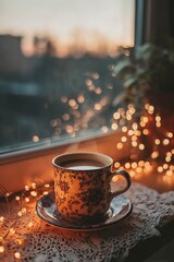 Fototapeta premium A cozy warm beverage in hand, perfect for a slow evening. Enjoy the tranquility and flavors that melt away the day's stress.