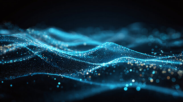 An abstract digital art of shimmering blue wave pattern, evoking a sense of data visualization and technology - Powered by Adobe