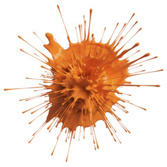 Orange liquid splash exploding outwards with thin droplets against black isolated on a transparent background