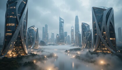 Modern city skyline shrouded in fog with futuristic architecture and buildings Generative AI