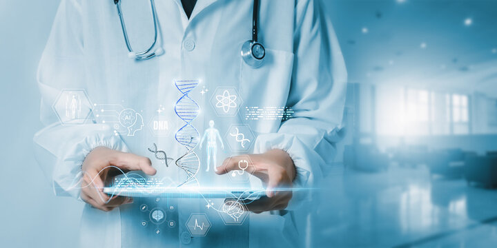 Doctor using AI and DNA technology for genetic analysis and precision medicine, representing innovation in digital healthcare, biotechnology research, and smart medical diagnostics future of medicine.