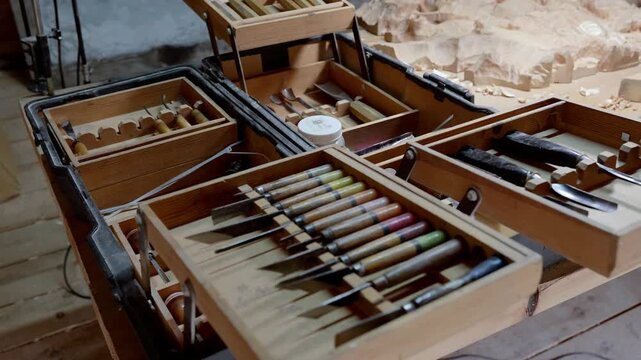 Carving instruments arranged neatly, Closeup of craftsmanship tools with vibrant handles in workshop, Rustic workshop scene showcasing diverse carving knives and chisels in organized leather