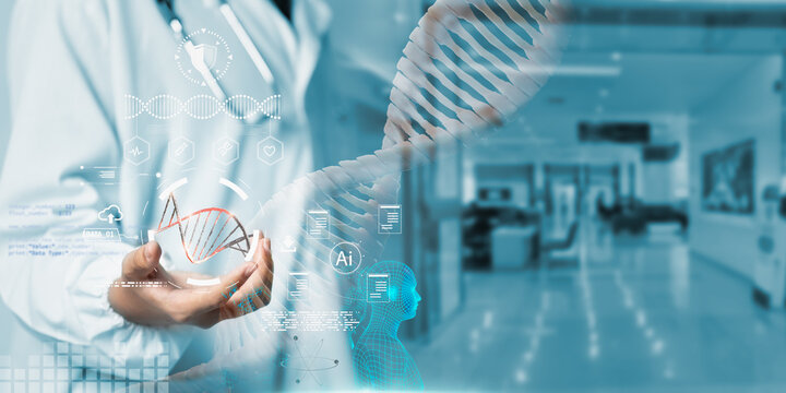 Doctor using AI and DNA technology for genetic analysis and precision medicine, representing innovation in digital healthcare, biotechnology research, and smart medical diagnostics future of medicine. - Powered by Adobe