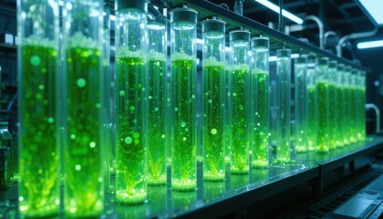 Laboratory setup with bioluminescent cultures in glass tubes Generative AI