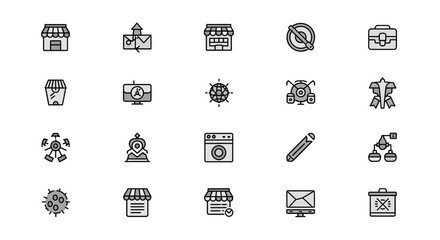 A collection of grey-toned, simple line icons featuring various objects like shops, mail, globes, and scientific instruments, likely for UI or graphic design