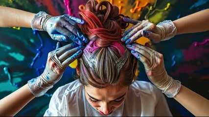 A woman getting her hair dyed with colorful paint