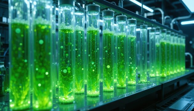 Laboratory setup with bioluminescent cultures in glass tubes Generative AI