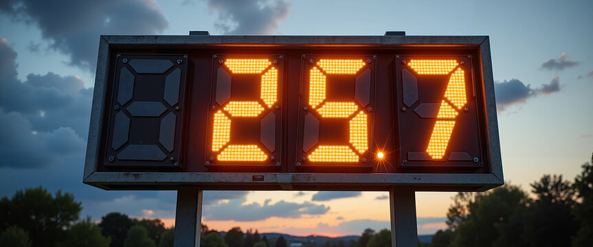 Digital display showing temperature reading of 25.7 degrees at dusk  