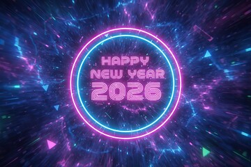 Happy New Year 2026 glowing neon circle design with blue and pink lights, futuristic holiday greeting and vibrant celebration background illustration