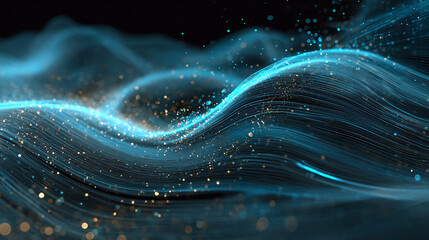 Abstract blue flowing light illustration with sparkling particles, ideal for backgrounds. The artwork's ethereal aesthetic is suggestive of data visualization and the digital age. 