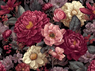 Chic and elegant watercolor floral background with many dark-toned flowers, classic and luxurious style