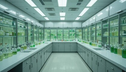 Laboratory filled with green solutions and glassware during daytime Generative AI