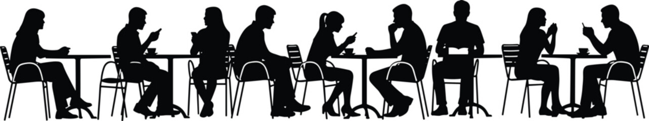 People sitting at cafe tables ignoring each other while looking at their smartphones, illustrating modern 