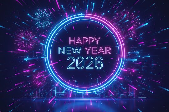 Happy New Year 2026 glowing neon circle design with blue and pink lights, futuristic holiday greeting and vibrant celebration background illustration