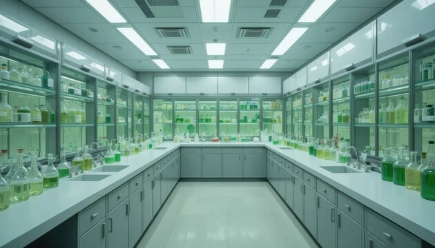 Laboratory filled with green solutions and glassware during daytime Generative AI