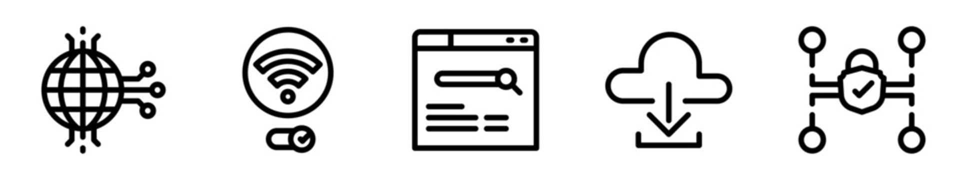 Pack de iconos de internet. Globo conectado, wifi activado, navegador con b&uacute;squeda, nube con descarga y candado seguro conectado. Dise&ntilde;o vectorial lineal
