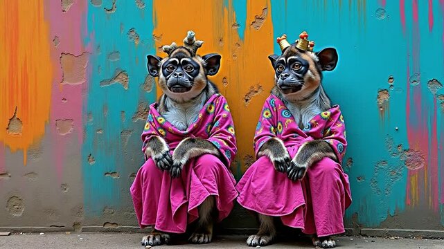 Two monkeys dressed up in pink robes and crowns sitting next to each other