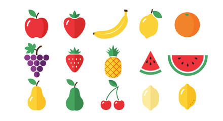 A flat design collection of various colorful fruits including apples, bananas, strawberries, grapes, lemons, oranges, watermelon, pineapples, pears and cherries. Each item is a simplified illustration
