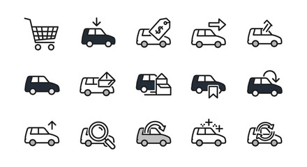 A collection of simple vehicle-related icons in a line art style.  Icons include a shopping cart, cars with arrows, tags, and other symbols related to cars