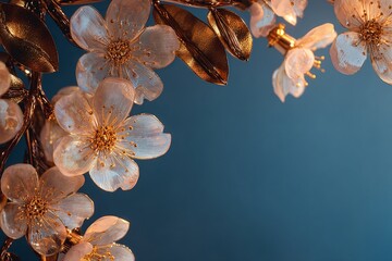 Sophisticated floral frame featuring translucent white cherry blossoms with golden stamens and rich bronze metallic leaves arranged elegantly around light blue borders of the composition