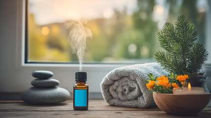 Relaxing self-care ritual with essential oils home spa setting well-being focused natural environment