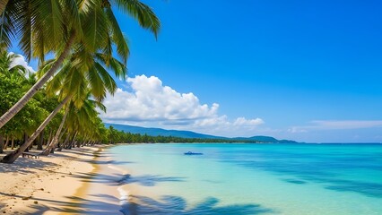 Idyllic tropical beach paradise with lush palm trees and crystal clear turquoise ocean waters