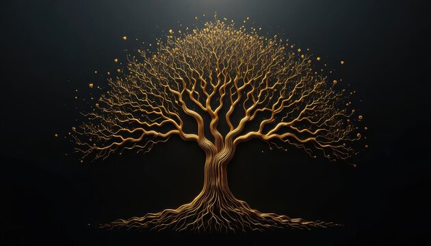 Golden tree with intricate branches on a dark background exudes elegance and beauty