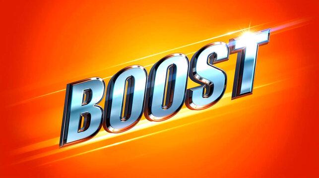 Shiny chrome 3d text boost glowing with orange light on a red background