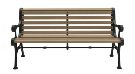 Ornate black cast iron park bench with light brown wooden slats isolated on a transparent background