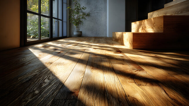 Gentle sunlight casting long shadows across minimalist wooden floor 