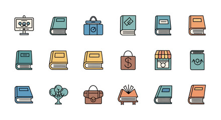 A collection of sixteen colorful illustrated icons, depicting various elements such as books, a briefcase, a presentation screen, a tree, and a shop. The style is flat with black outlines