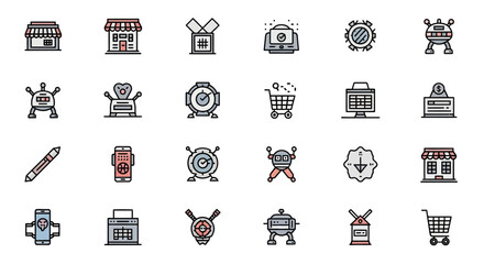 Collection of various colorful cartoon icons, including shops, clocks, robots, a shopping cart, and a smartphone, presented in a flat design style with bold outlines