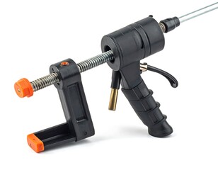 Black caulking gun with silver rod, orange ends, and black handle on a white background, close-up studio shot