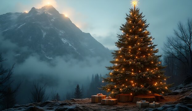 Christmas tree magic beautifully decorated with lights for winter holidays - Powered by Adobe