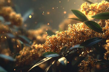 Artistic hero visual of osmanthus trees in bloom, dense clusters of small golden-orange flowers glowing in soft warm sunlight