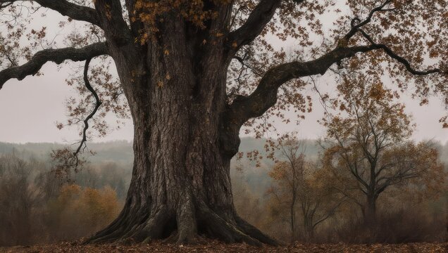 Majestic Oak Tree in Autumn Landscape with Foggy Background.