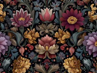 Classic, elegant and classy pattern with large dark flowers and golden leaves