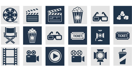 A grid arrangement of flat illustrations related to the cinema and movie-going experience, featuring items like film reels, clapboards, popcorn, and 3D glasses