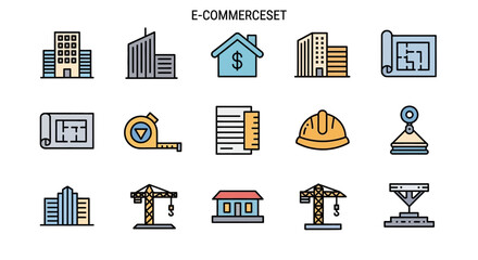 A collection of colorful, flat-style icons relating to construction, architecture, and real estate. Icons include buildings, blueprints, tools, and construction equipment