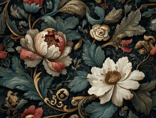 Classic, elegant and classy pattern with large dark flowers and golden leaves