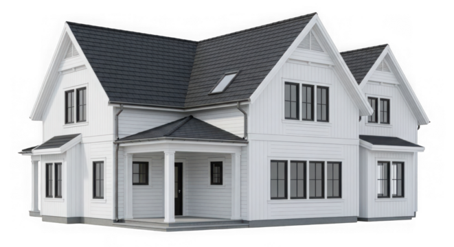Modern white two story house with dark roof isolated on transparent background - Powered by Adobe