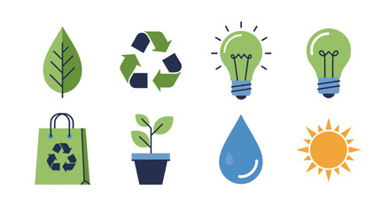 A collection of vector icons showcasing environmental sustainability. Included are a leaf, recycle symbol, light bulbs, a potted plant, water drop, sun, and reusable shopping bag
